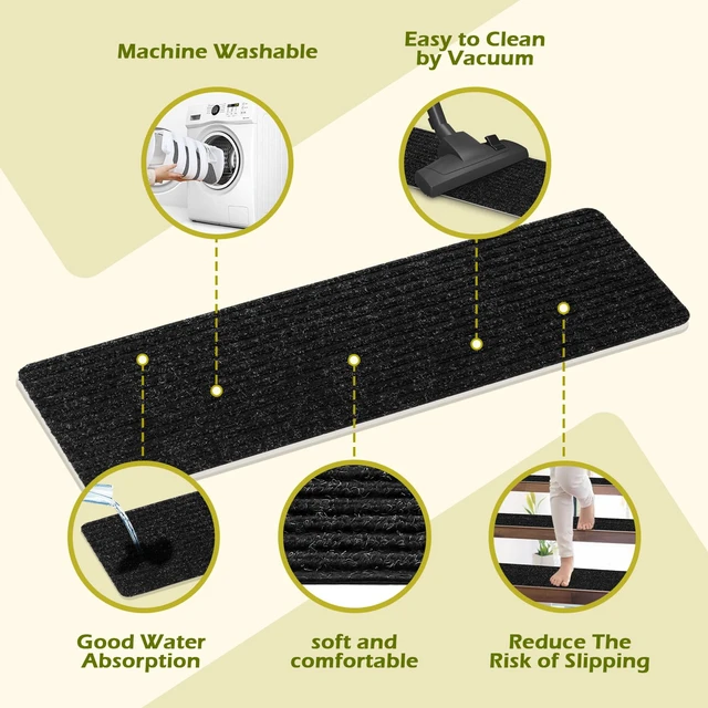 Alt view image 4 of 7 - Carpet Stair Treads for Wooden Steps Non-Slip Indoor 16pcs 8x30inch Stair Treads Carpet Anti Slip for Dogs, Elders, Kids Stair Runners for Wooden Steps Stair Pads Mats Covers Pads, Black