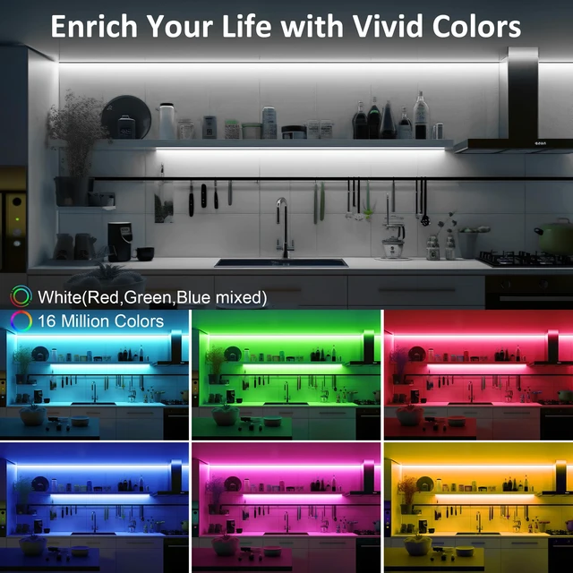 Alt view image 2 of 7 - 8 Pack RGB Under Cabinet Lights with App and Remote Control Music-Sync Color-Changing Plug-In LED Strip Lights for Cabinets, Counters, Shelves and Bookcases, 13 ft