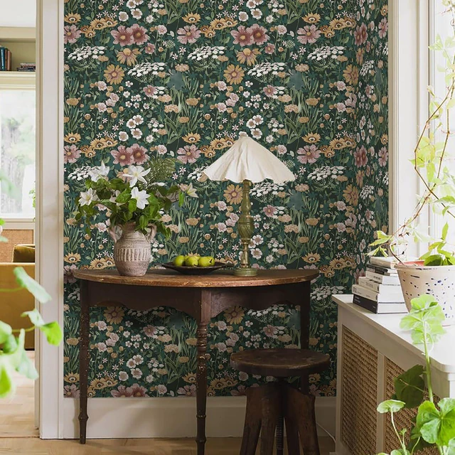 Alt view image 3 of 7 - Vintage Floral Peel and Stick Wallpaper Boho Daisy Wallpaper 16.9inx393.7in Self Adhesive Floral Contact Paper for Bedroom Living Room Accent Wall Decor Removable