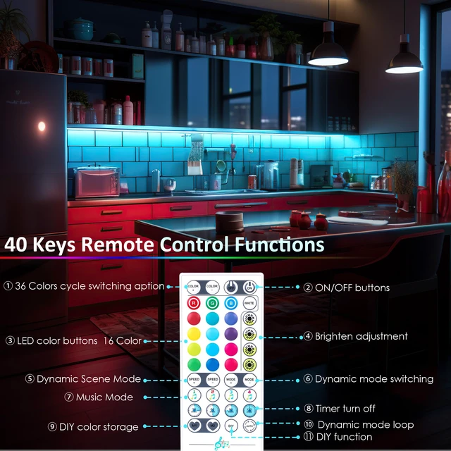 Alt view image 4 of 7 - 8 Pack RGB Under Cabinet Lights with App and Remote Control Music-Sync Color-Changing Plug-In LED Strip Lights for Cabinets, Counters, Shelves and Bookcases, 13 ft