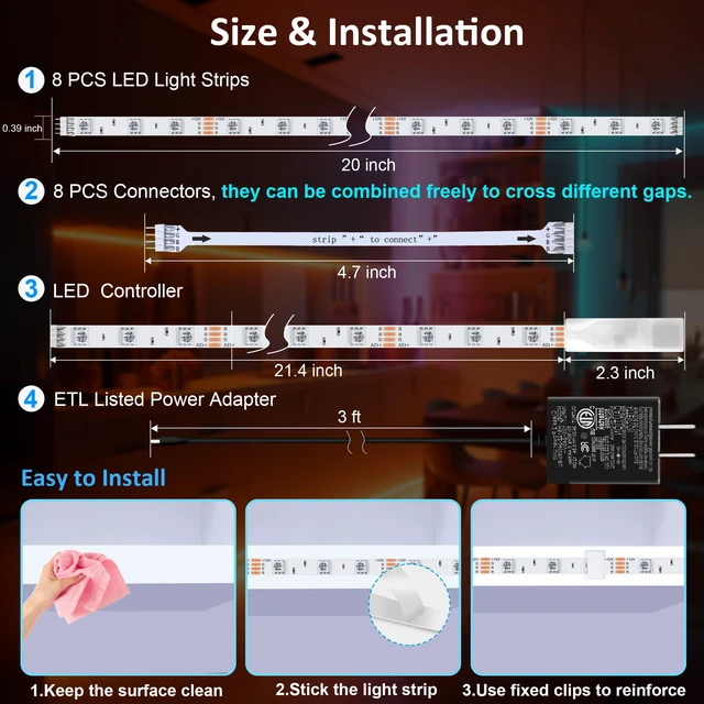 Alt view image 6 of 7 - 8 Pack RGB Under Cabinet Lights with App and Remote Control Music-Sync Color-Changing Plug-In LED Strip Lights for Cabinets, Counters, Shelves and Bookcases, 13 ft