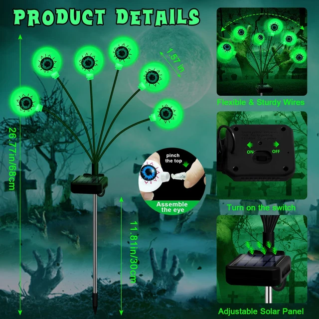Alt view image 2 of 7 - Solar Halloween Decorations, 4 Pack 24 LED Spooky Eyeball Lights, Outdoor Waterproof Solar Green Firefly Lights for Garden Yard Patio Pathway Lawn Halloween Party