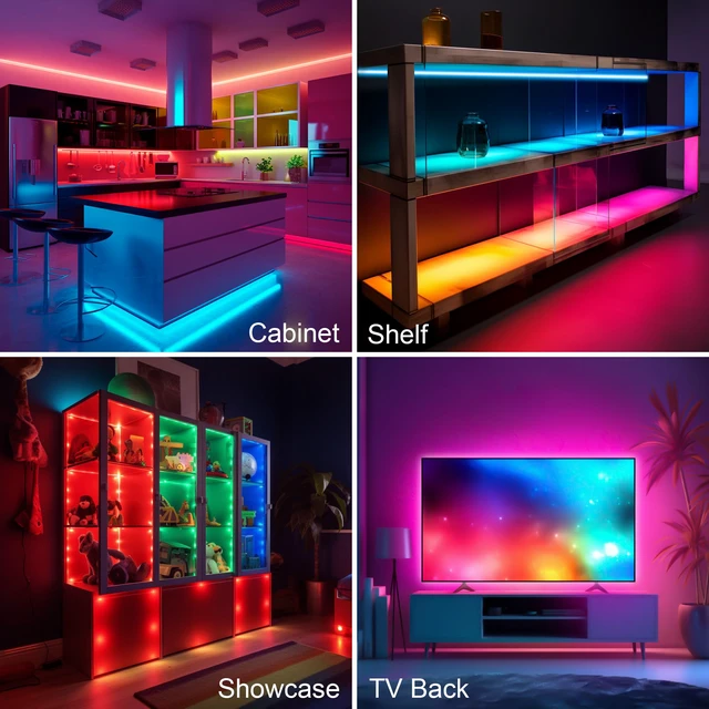Alt view image 7 of 7 - 8 Pack RGB Under Cabinet Lights with App and Remote Control Music-Sync Color-Changing Plug-In LED Strip Lights for Cabinets, Counters, Shelves and Bookcases, 13 ft