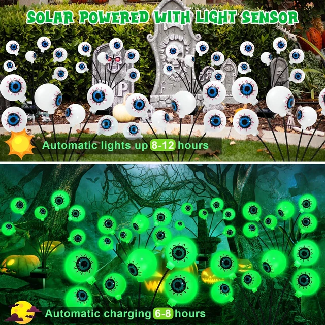 Alt view image 3 of 7 - Solar Halloween Decorations, 4 Pack 24 LED Spooky Eyeball Lights, Outdoor Waterproof Solar Green Firefly Lights for Garden Yard Patio Pathway Lawn Halloween Party