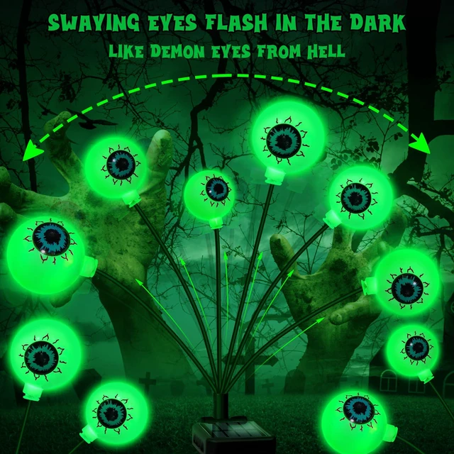 Alt view image 4 of 7 - Solar Halloween Decorations, 4 Pack 24 LED Spooky Eyeball Lights, Outdoor Waterproof Solar Green Firefly Lights for Garden Yard Patio Pathway Lawn Halloween Party