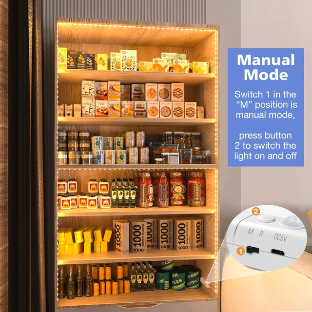 Alt view image 2 of 7 - Rechargeable Motion Sensor Strip Light, Warm White LED Closet Lights 2X 6.56ft Upgraded Battery Operated LED Strip Light for Wardrobe,Stair,Pantry,Cupboard,Bed,Locker,2700K