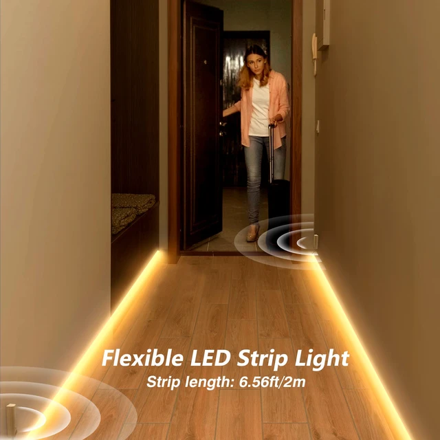 Alt view image 5 of 7 - Rechargeable Motion Sensor Strip Light, Warm White LED Closet Lights 2X 6.56ft Upgraded Battery Operated LED Strip Light for Wardrobe,Stair,Pantry,Cupboard,Bed,Locker,2700K