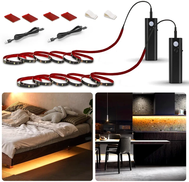 Main image of Rechargeable Motion Sensor Strip Light, Warmwhite LED Closet Lights Upgraded Battery Operated LED Strip Light for Wardrobe,Stair,Pantry,Cabinet,Cupboard,Bed,Locker,2700K,Black,6.56ft,2 Pack