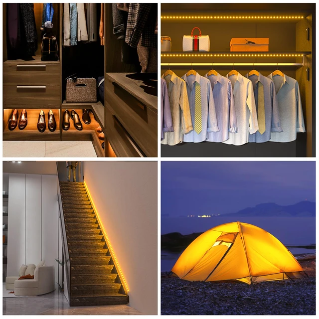 Alt view image 4 of 6 - Rechargeable Motion Sensor Strip Light, Warmwhite LED Closet Lights Upgraded Battery Operated LED Strip Light for Wardrobe,Stair,Pantry,Cabinet,Cupboard,Bed,Locker,2700K,Black,6.56ft,2 Pack