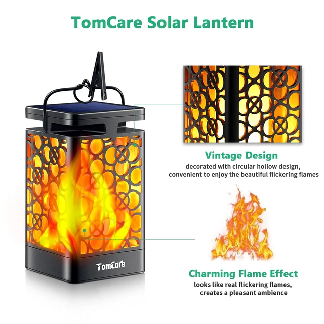 Alt view image 3 of 7 - Solar Lanterns Outdoor, Flickering Flame Hanging Lights, 4 Pack Realistic Flame Effect, Charges in 6-8 Hours, 10-12-Hour Runtime, IP65 Waterproof, Auto On/Off for Patio, Garden and Porch