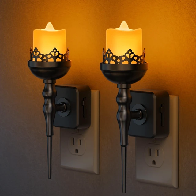Main image of Halloween Night Light, Gothic Candle Night Lights, Amber 1600K 2 Pack vintage candle night lights plug into wall, 0-100% dimmable nightlight, bathroom hallway bedroom Halloween party decor