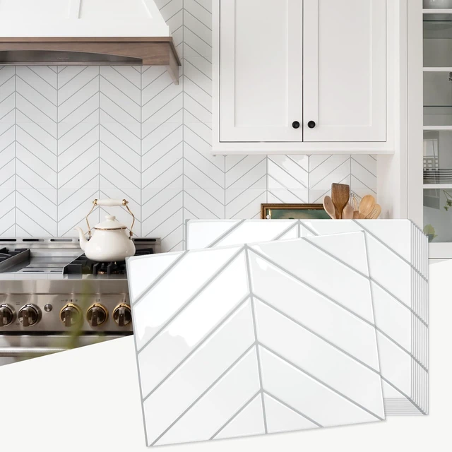 Main image of Herringbone Peel and Stick Backsplash, White/Grey Grout, 10 Sheets 12.6 x 9.7 in, Thicker Rectangular Vinyl Stick-On Wall Tiles, Easy Alignment, Waterproof, Easy to Clean, Kitchen/Bathroom