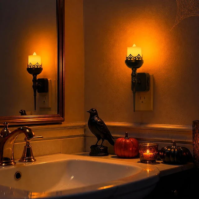 Alt view image 4 of 7 - Halloween Night Light, Gothic Candle Night Lights, Amber 1600K 2 Pack vintage candle night lights plug into wall, 0-100% dimmable nightlight, bathroom hallway bedroom Halloween party decor