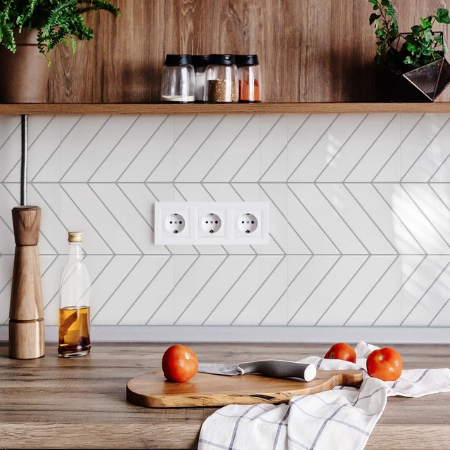 Alt view image 3 of 7 - Herringbone Peel and Stick Backsplash, White/Grey Grout, 10 Sheets 12.6 x 9.7 in, Thicker Rectangular Vinyl Stick-On Wall Tiles, Easy Alignment, Waterproof, Easy to Clean, Kitchen/Bathroom