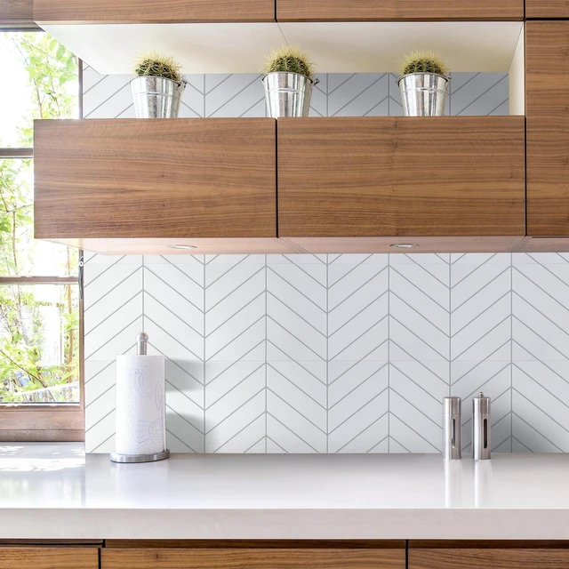 Alt view image 5 of 7 - Herringbone Peel and Stick Backsplash, White/Grey Grout, 10 Sheets 12.6 x 9.7 in, Thicker Rectangular Vinyl Stick-On Wall Tiles, Easy Alignment, Waterproof, Easy to Clean, Kitchen/Bathroom
