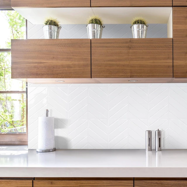 Alt view image 3 of 7 - Herringbone Peel and Stick Backsplash, Pure White, 10 Sheets 12.6 x 9.7 in, Thicker Rectangular Vinyl Stick-On Wall Tiles, Easy Alignment, Waterproof, Easy to Clean, Kitchen/Bathroom