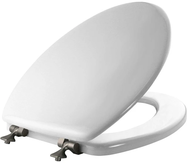 Main image of 1844BNA 000 Toilet Seat with Brushed Nickel Hinges will Never Come Loose, ELONGATE, White - Brushed Nickel
