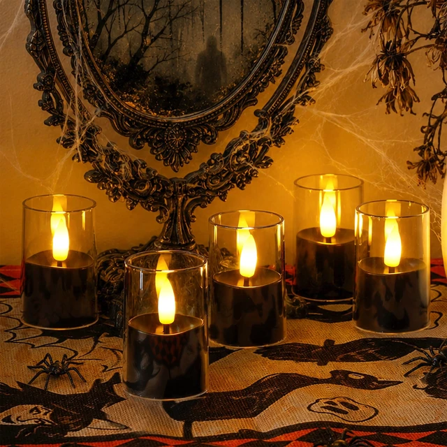 Alt view image 2 of 6 - Flameless D: 1.7" H: 2.5" Small Tea Light LED Candles, Clear Acrylic Battery Operated Votive with Remote Control and Timer, Tealight Black Flickering Warm Light Pack of 8 Electric Halloween