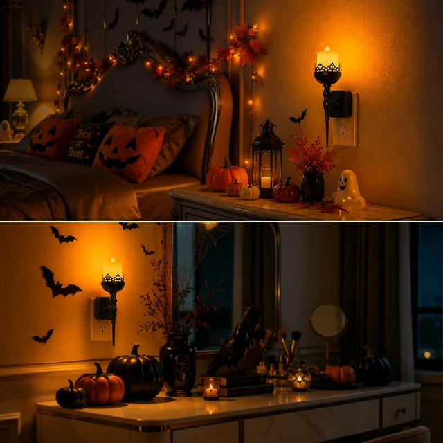 Alt view image 5 of 7 - Halloween Night Light, Gothic Candle Night Lights, Amber 1600K 2 Pack vintage candle night lights plug into wall, 0-100% dimmable nightlight, bathroom hallway bedroom Halloween party decor