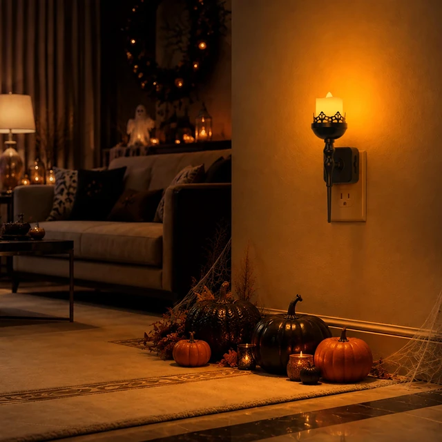Alt view image 7 of 7 - Halloween Night Light, Gothic Candle Night Lights, Amber 1600K 2 Pack vintage candle night lights plug into wall, 0-100% dimmable nightlight, bathroom hallway bedroom Halloween party decor