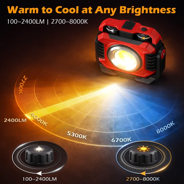 Alt view image 3 of 7 - 2-Pack 2400LM Magnetic Rechargeable Work Light, Up to 80 Hours Dual-Sided LED Work Light, Stepless Dimming 2700K-8000K, Magnetic Flashlight with 360° Rotating Stand & Hook, Red
