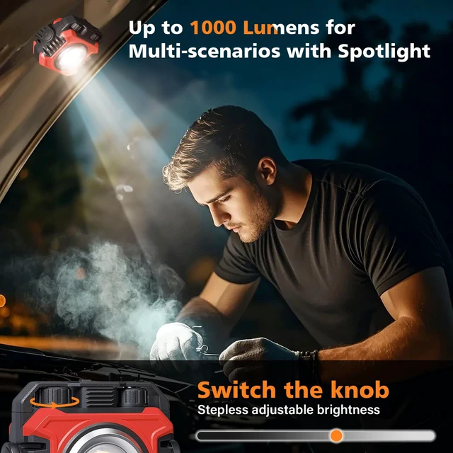 Alt view image 4 of 7 - 2-Pack 2400LM Magnetic Rechargeable Work Light, Up to 80 Hours Dual-Sided LED Work Light, Stepless Dimming 2700K-8000K, Magnetic Flashlight with 360° Rotating Stand & Hook, Red
