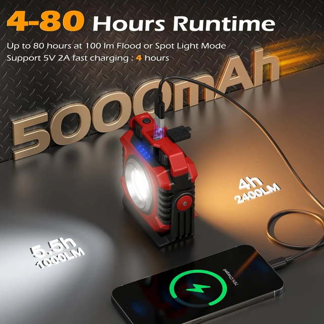 Alt view image 5 of 7 - 2-Pack 2400LM Magnetic Rechargeable Work Light, Up to 80 Hours Dual-Sided LED Work Light, Stepless Dimming 2700K-8000K, Magnetic Flashlight with 360° Rotating Stand & Hook, Red