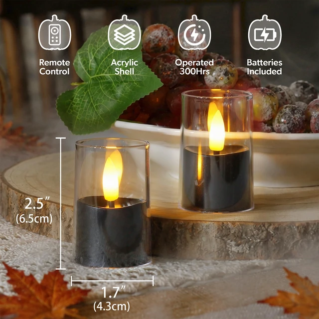 Alt view image 3 of 6 - Flameless D: 1.7" H: 2.5" Small Tea Light LED Candles, Clear Acrylic Battery Operated Votive with Remote Control and Timer, Tealight Black Flickering Warm Light Pack of 8 Electric Halloween