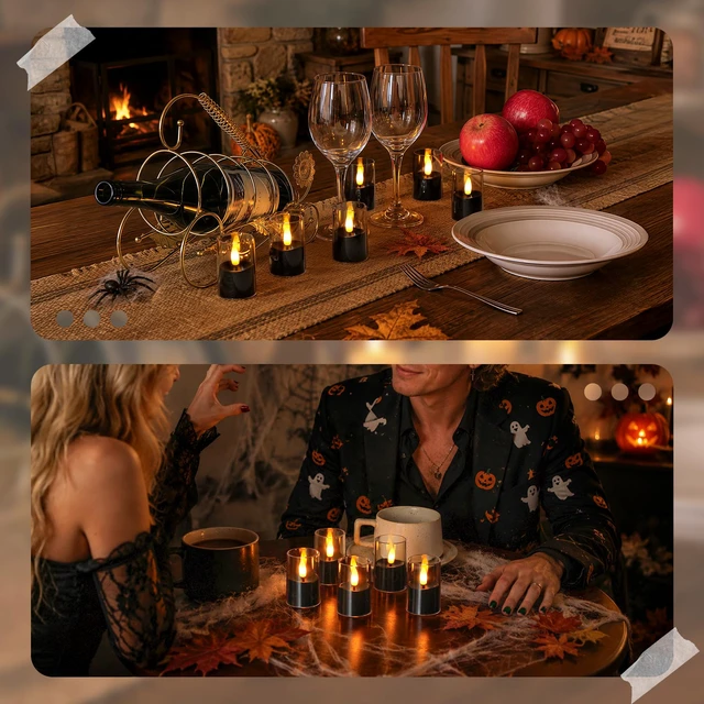 Alt view image 4 of 6 - Flameless D: 1.7" H: 2.5" Small Tea Light LED Candles, Clear Acrylic Battery Operated Votive with Remote Control and Timer, Tealight Black Flickering Warm Light Pack of 8 Electric Halloween