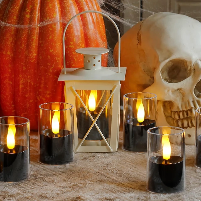 Alt view image 5 of 6 - Flameless D: 1.7" H: 2.5" Small Tea Light LED Candles, Clear Acrylic Battery Operated Votive with Remote Control and Timer, Tealight Black Flickering Warm Light Pack of 8 Electric Halloween