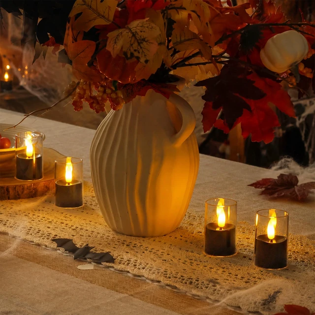 Alt view image 6 of 6 - Flameless D: 1.7" H: 2.5" Small Tea Light LED Candles, Clear Acrylic Battery Operated Votive with Remote Control and Timer, Tealight Black Flickering Warm Light Pack of 8 Electric Halloween