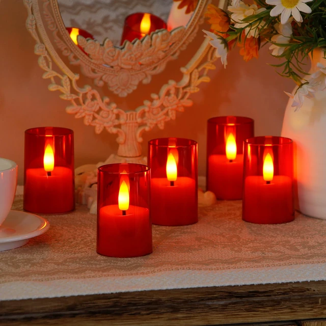 Alt view image 2 of 6 - Flameless D: 1.7" H: 2.5" Small Tea Light LED Candles, Acrylic Battery Operated Votive with Remote Control and Timer, Tealight Red Flickering Warm Light Pack of 8 Electric Long Lasting