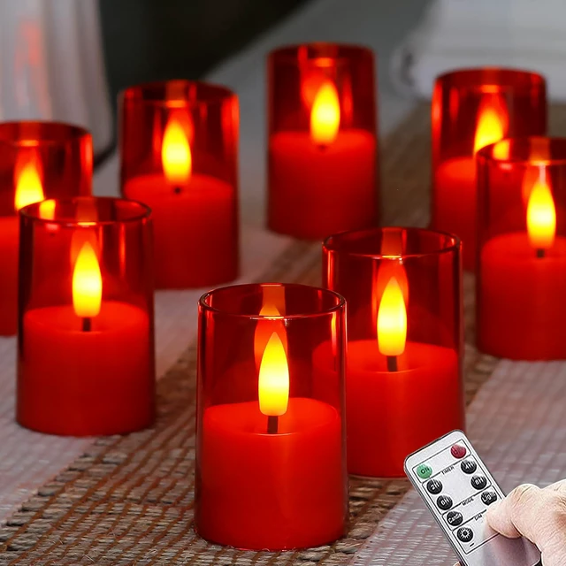 Main image of Flameless D: 1.7" H: 2.5" Small Tea Light LED Candles, Acrylic Battery Operated Votive with Remote Control and Timer, Tealight Red Flickering Warm Light Pack of 8 Electric Long Lasting