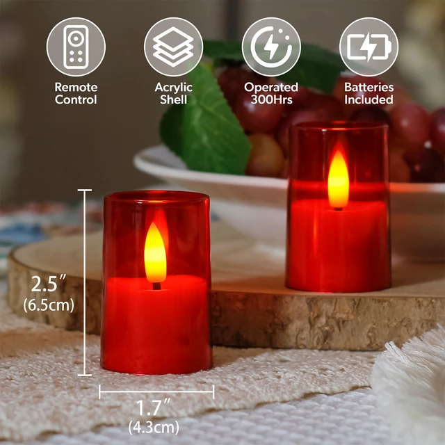 Alt view image 3 of 6 - Flameless D: 1.7" H: 2.5" Small Tea Light LED Candles, Acrylic Battery Operated Votive with Remote Control and Timer, Tealight Red Flickering Warm Light Pack of 8 Electric Long Lasting
