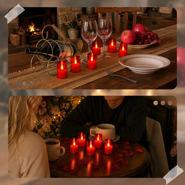 Alt view image 4 of 6 - Flameless D: 1.7" H: 2.5" Small Tea Light LED Candles, Acrylic Battery Operated Votive with Remote Control and Timer, Tealight Red Flickering Warm Light Pack of 8 Electric Long Lasting