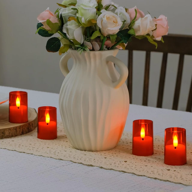 Alt view image 6 of 6 - Flameless D: 1.7" H: 2.5" Small Tea Light LED Candles, Acrylic Battery Operated Votive with Remote Control and Timer, Tealight Red Flickering Warm Light Pack of 8 Electric Long Lasting