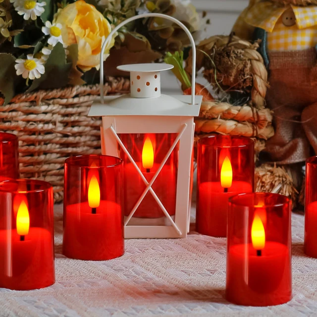 Alt view image 5 of 6 - Flameless D: 1.7" H: 2.5" Small Tea Light LED Candles, Acrylic Battery Operated Votive with Remote Control and Timer, Tealight Red Flickering Warm Light Pack of 8 Electric Long Lasting