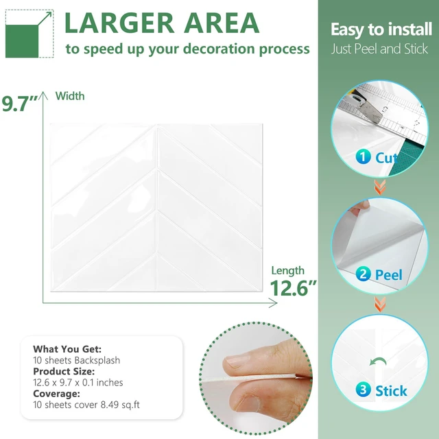 Alt view image 6 of 7 - Herringbone Peel and Stick Backsplash, Pure White, 10 Sheets 12.6 x 9.7 in, Thicker Rectangular Vinyl Stick-On Wall Tiles, Easy Alignment, Waterproof, Easy to Clean, Kitchen/Bathroom