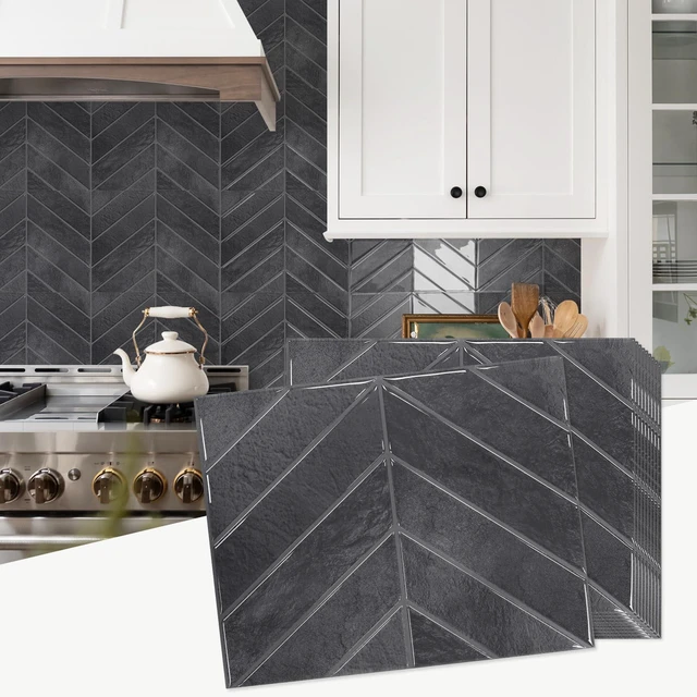 Main image of Herringbone Peel and Stick Backsplash, Shiny Black, 10 Sheets 12.6 x 9.7 in, Thicker Rectangular Vinyl Stick-On Wall Tiles, Easy Alignment, Waterproof, Easy to Clean, Kitchen/Bathroom