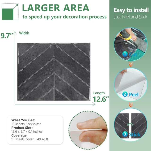 Alt view image 6 of 7 - Herringbone Peel and Stick Backsplash, Shiny Black, 10 Sheets 12.6 x 9.7 in, Thicker Rectangular Vinyl Stick-On Wall Tiles, Easy Alignment, Waterproof, Easy to Clean, Kitchen/Bathroom