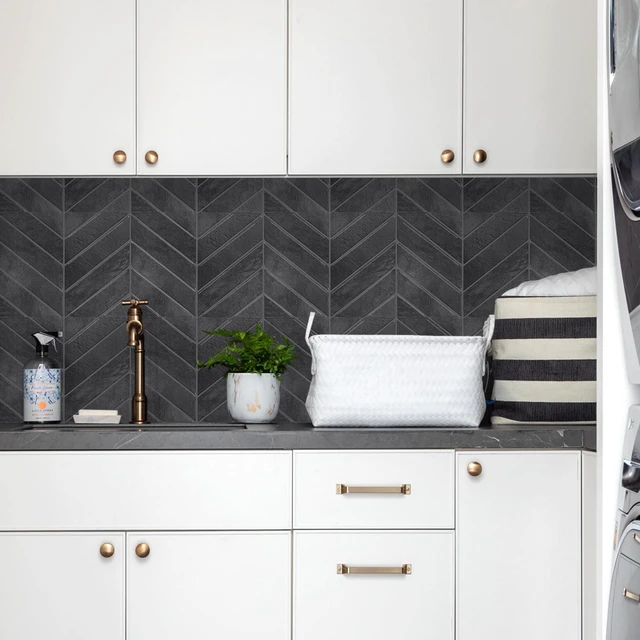 Alt view image 5 of 7 - Herringbone Peel and Stick Backsplash, Shiny Black, 10 Sheets 12.6 x 9.7 in, Thicker Rectangular Vinyl Stick-On Wall Tiles, Easy Alignment, Waterproof, Easy to Clean, Kitchen/Bathroom
