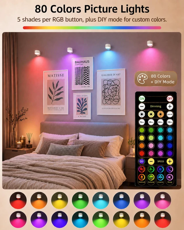 Alt view image 3 of 7 - Picture Lights for Wall, Rechargeable Magnetic with Remote (White-6P) Rechargeable, Magnetic Mount, 360° Rotating, 3 Color Temps & RGB, Remote Dimming, Art Gallery Lighting