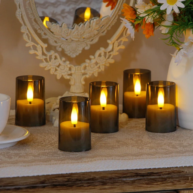 Alt view image 2 of 6 - Flameless D: 1.7" H: 2.5" Small Tea Light LED Candles, Acrylic Battery Operated Votive with Remote Control and Timer, Tealight Grey Flickering Warm Light Pack of 8 Electric Long Lasting