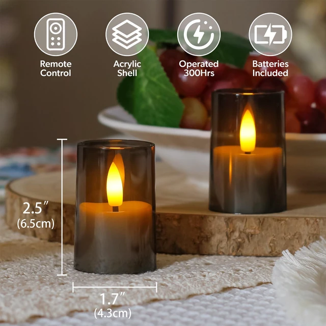 Alt view image 3 of 6 - Flameless D: 1.7" H: 2.5" Small Tea Light LED Candles, Acrylic Battery Operated Votive with Remote Control and Timer, Tealight Grey Flickering Warm Light Pack of 8 Electric Long Lasting
