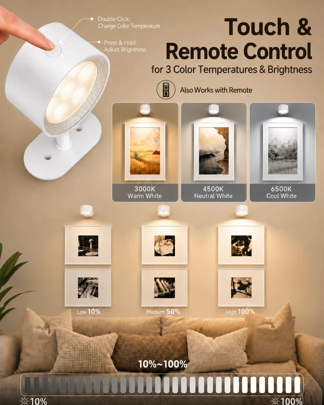 Alt view image 6 of 7 - Picture Lights for Wall, Rechargeable Magnetic with Remote (White-6P) Rechargeable, Magnetic Mount, 360° Rotating, 3 Color Temps & RGB, Remote Dimming, Art Gallery Lighting