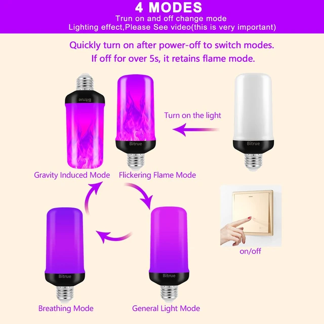 Alt view image 4 of 6 - LED Flame Bulbs, 4 Modes Purple Flame Effect Light Bulbs, E26 Base Fire Light Bulb with Gravity Sensor, Flickering Light Bulbs for Hallowee Home Decor (Purple 2 Pack)