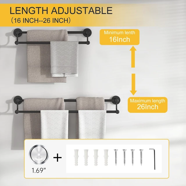 Alt view image 6 of 7 - Double Towel Bar Towel Rack for Bathroom Bath Wall Mounted Matte Black Adjustable 16-26 In,Wall Mounted Towel Holder, Stainless Steel, Rustproof, Towel Bar Rod Hanger Hardware Accessories Hotel