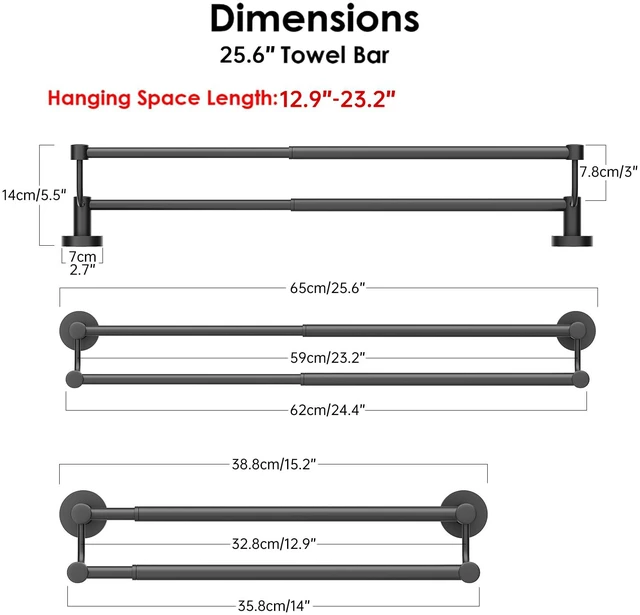 Alt view image 7 of 7 - Double Towel Bar Towel Rack for Bathroom Bath Wall Mounted Matte Black Adjustable 16-26 In,Wall Mounted Towel Holder, Stainless Steel, Rustproof, Towel Bar Rod Hanger Hardware Accessories Hotel