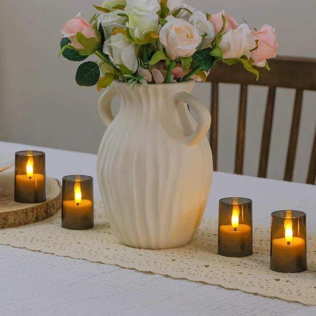 Alt view image 6 of 6 - Flameless D: 1.7" H: 2.5" Small Tea Light LED Candles, Acrylic Battery Operated Votive with Remote Control and Timer, Tealight Grey Flickering Warm Light Pack of 8 Electric Long Lasting