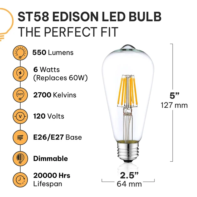 Alt view image 2 of 7 - Vintage LED Edison Light Bulbs, 60W Equivalent, E26/E27 Base, 2700K Soft White, Dimmable, ST58 Style Decorative Lights - 6 Pack